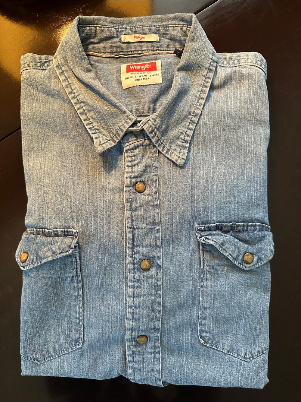 Wrangler Indigo Chambray Denim Snap Front Western Shirt 2XL Light Wash